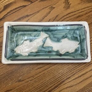 Vintage Sally Christopher 1997 Rectangle Ceramic Fish Platter 16"x8" Signed